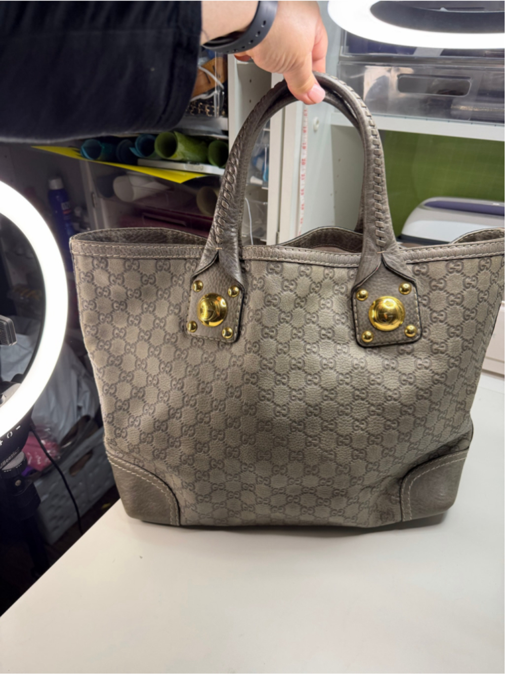 Women's Gucci GG Guccissima Leather Tote Bag, One Size, Grey and Gold